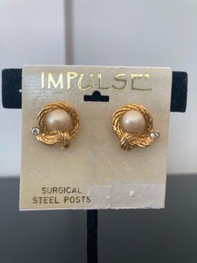 Pulse Gold-Tone Knot Pearl Stud Earrings with Clear Crystal Accent